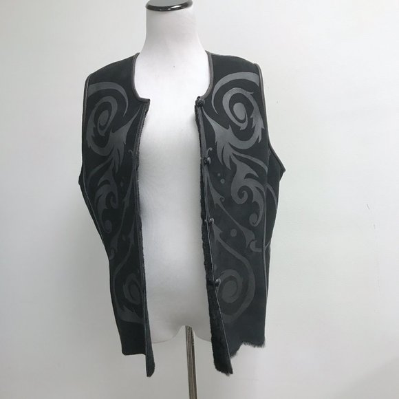 Black leather scroll shearling vest button sleeveless jacket htf M L